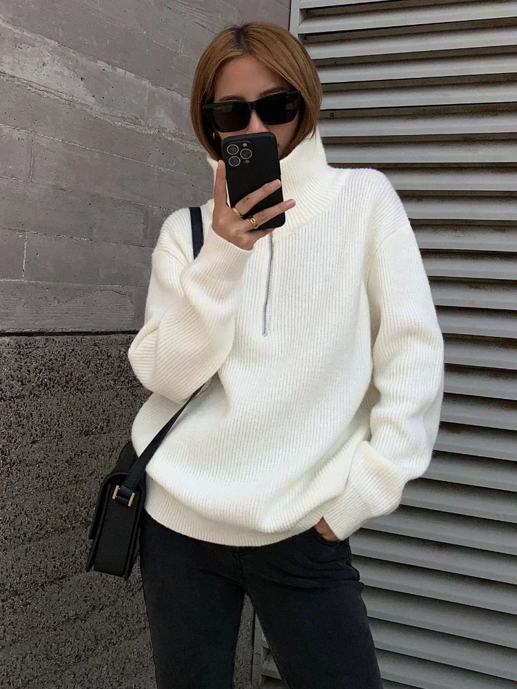 Winter Women\'s Turtleneck Knitted Fashion Zippers Sweaters Oversized Solid Gray Black Casual Long Sleeve Pullovers for Women