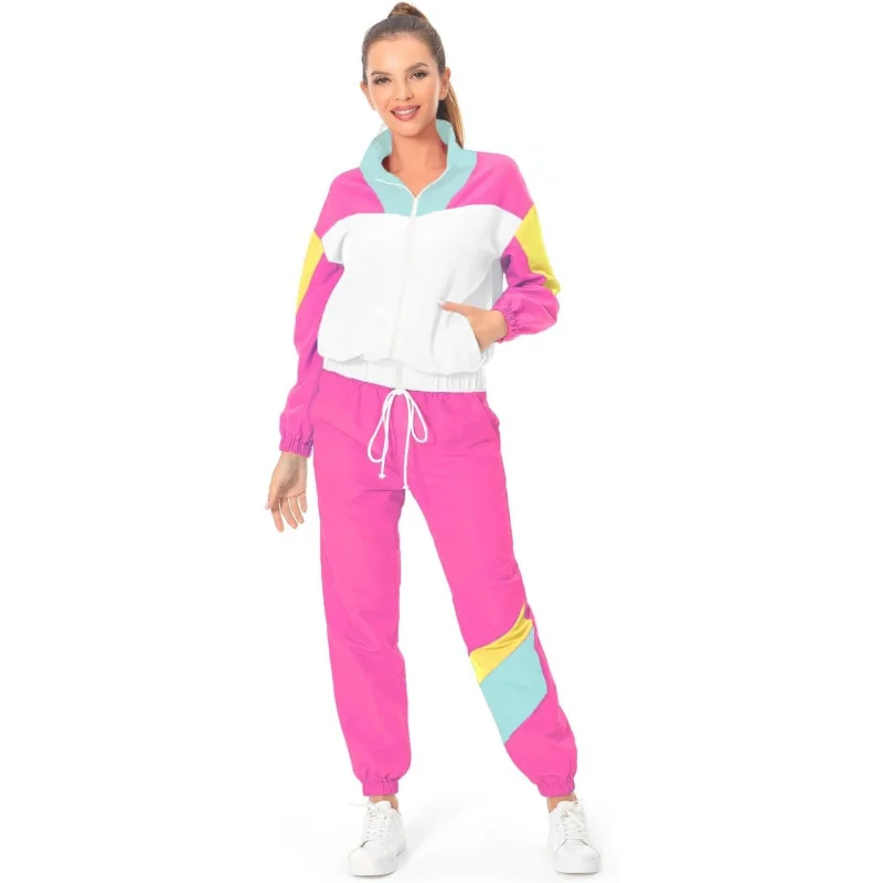 

❤️❤️❤️Womens 80s Color Block 2 Piece Tracksuit Long Sleeve Windbreaker Top and Jogger Pants Retro Tracksuit Set❤️⭐️❤️