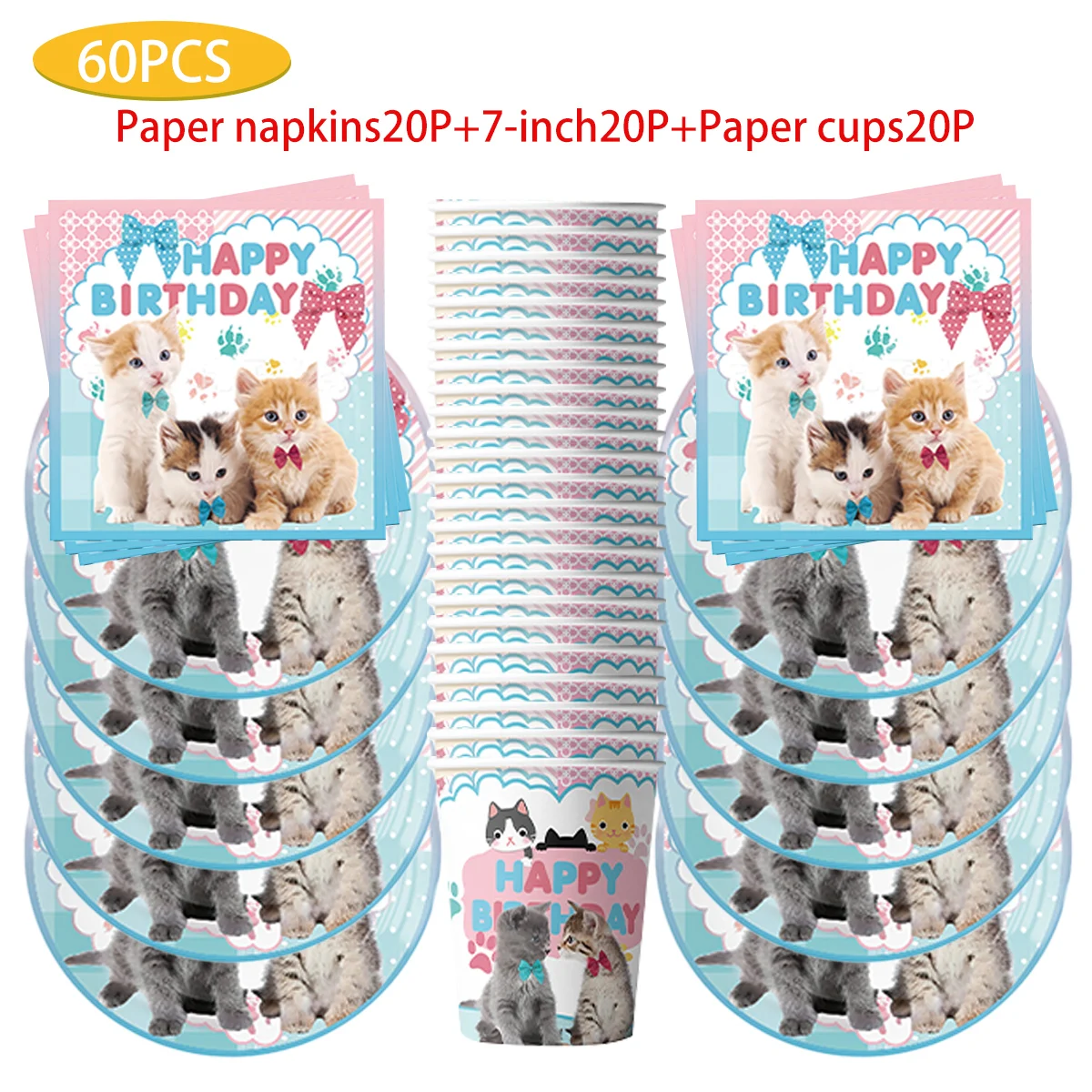 

Cute Cat Disposable Tableware Set, Paper Plates, Cups, Paper Towels, Tablecloth, Birthday Party, New Pet Theme