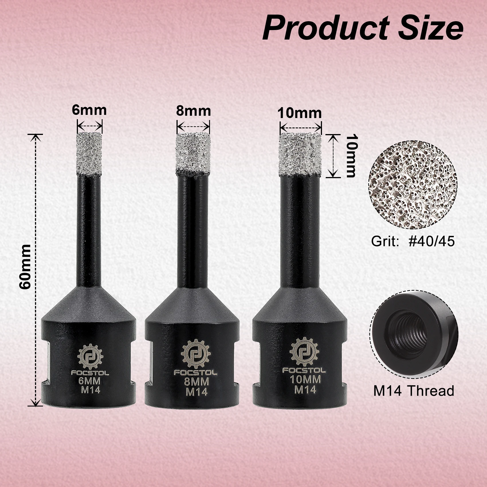 

FOCSTOL Dia 6/8/10mm Diamond Drill Core Bit Tile Hole Saw Drill for Tile Ceramic Marble Granite M14 Thread Tile Drill Core Bit