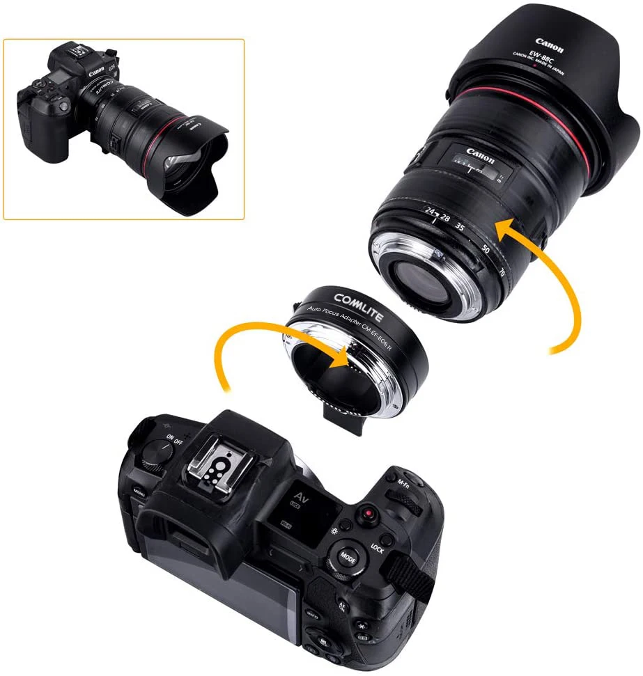 Adaptador de lente Commlite cm-EF-EOS R, adaptador de montagem eletrônico de foco automático EF para R para lentes Canon EF/EF-S para câmeras da série EOS R, EOS RP, EOS R6, EOS R5