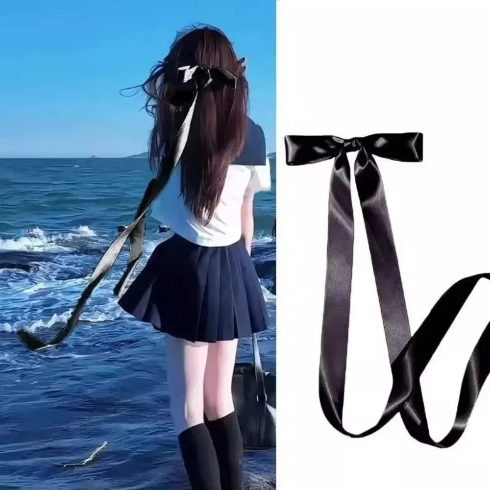 Sweet Extra Long Ribbon Bow Hairpin Satin Solid Color Bowknot JK Hair Clip Fashionable Ballet Style Hair Accessories Ornament
