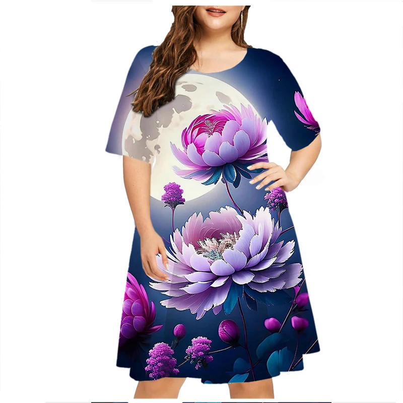 Pink 3D Flower Print Women Dress Elegant Sweet Casual Short Sleeve O-Neck Mini Dress Summer Fashion Party Clothing Plus Size 6XL