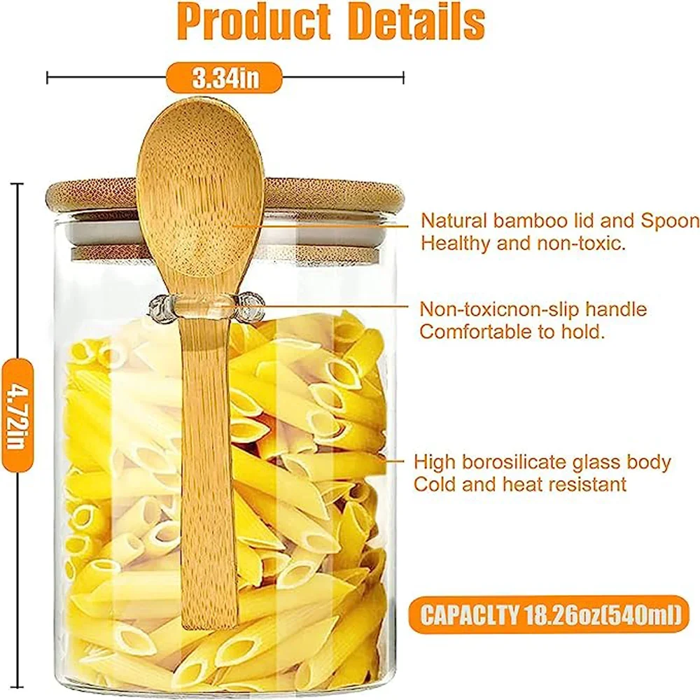 2PCS Glass Food Airtight Canister Castor Wooden Twist Lid Kitchen Candy Storage Tank Jar Bamboo Food Container With Wooden Spoon