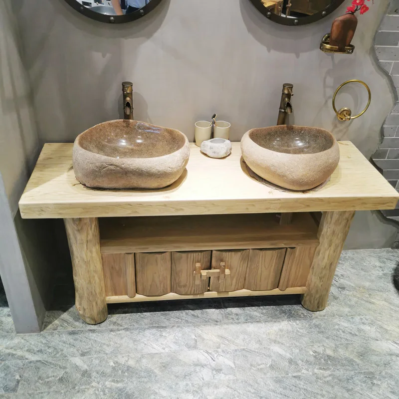 Pastoral solid wood creative antique double-head double-basin bathroom homestay inn wash face wash basin cabinet