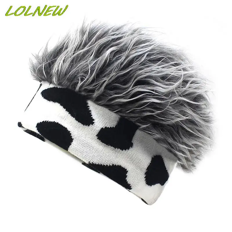 Women Funny Fake Hair Camouflage Knitted Landlord Sailor Cap Short Wig Brimless Beanie Hat for Men Stretchy Party Cosplay Props