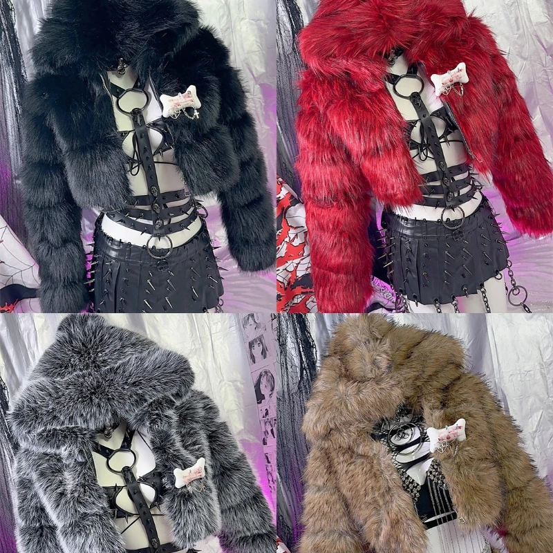 European American Style Y2K Hot Girl Punk Dark Pin Rock Women's Coat 2025 Autumn Winter New Gothic Faux Fur Short Jacket Ladies