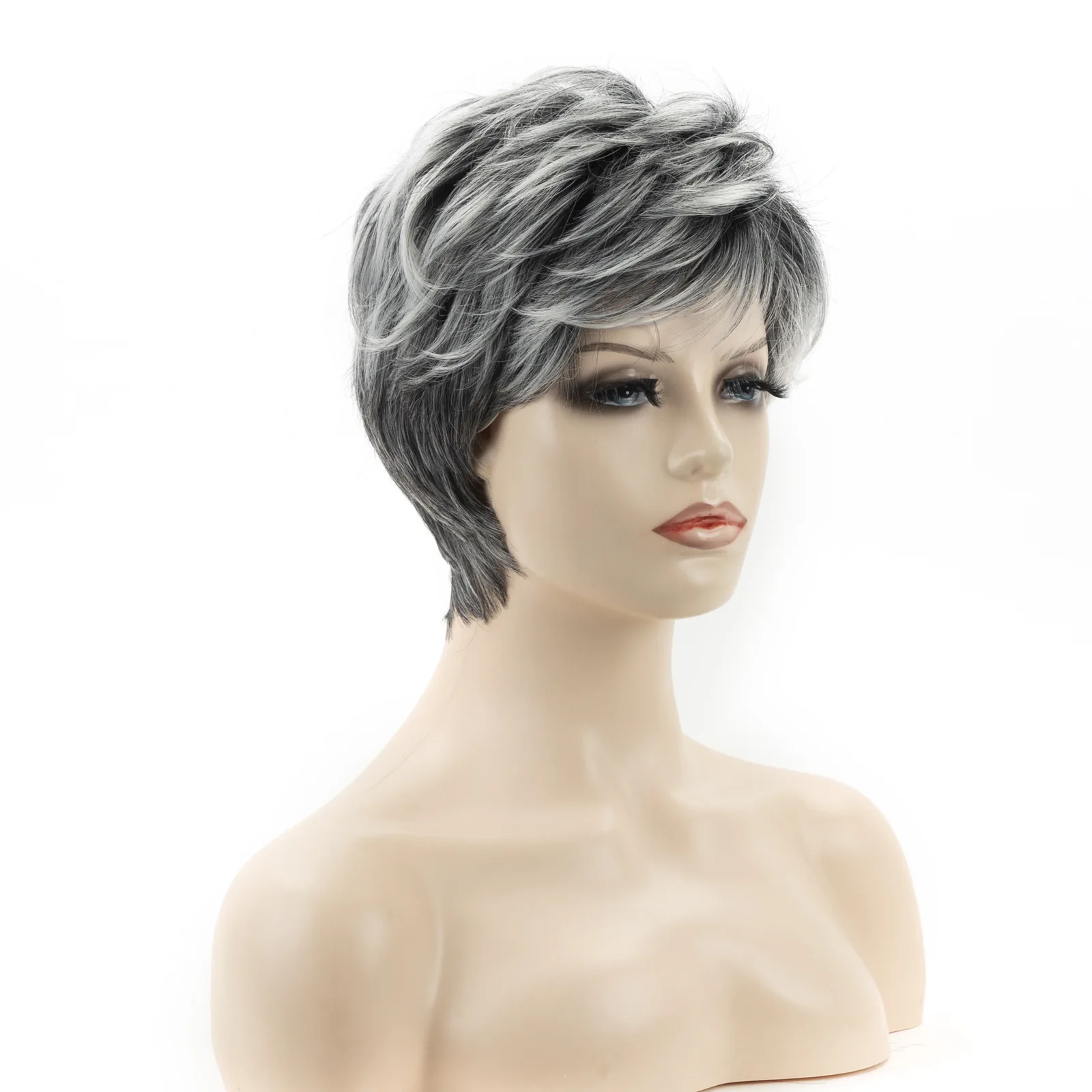 Short Synthetic Fluffy Curly Wigs  Gray White Mixed Wigs Ombre  Natural Fake Hair Wig with Bangs For Woman Daily Wear Wigs