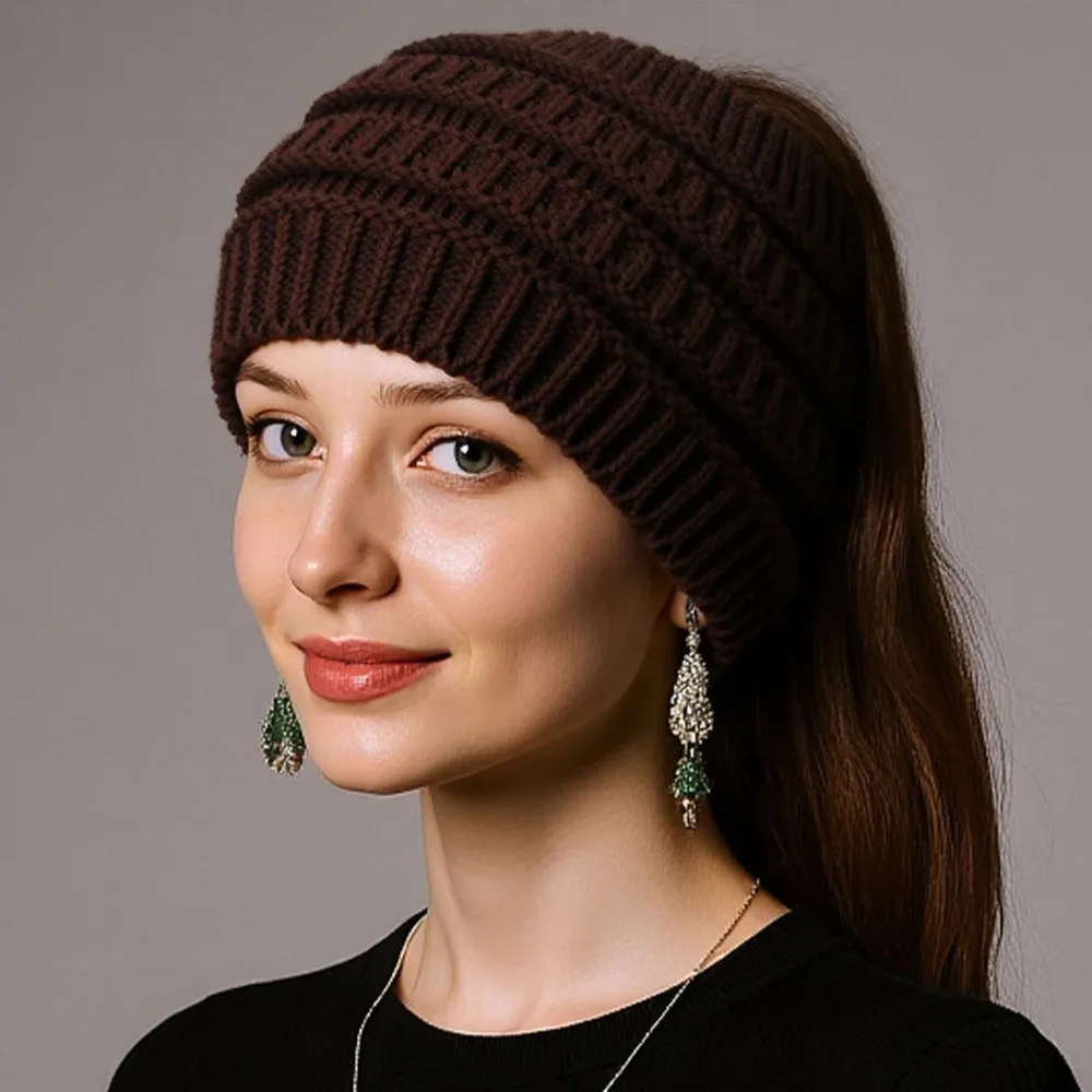 Warm Solid Color Ponytail Beanie Hat Headwear Thicken Women's Hat Ear Protection Knitted Hat Winter