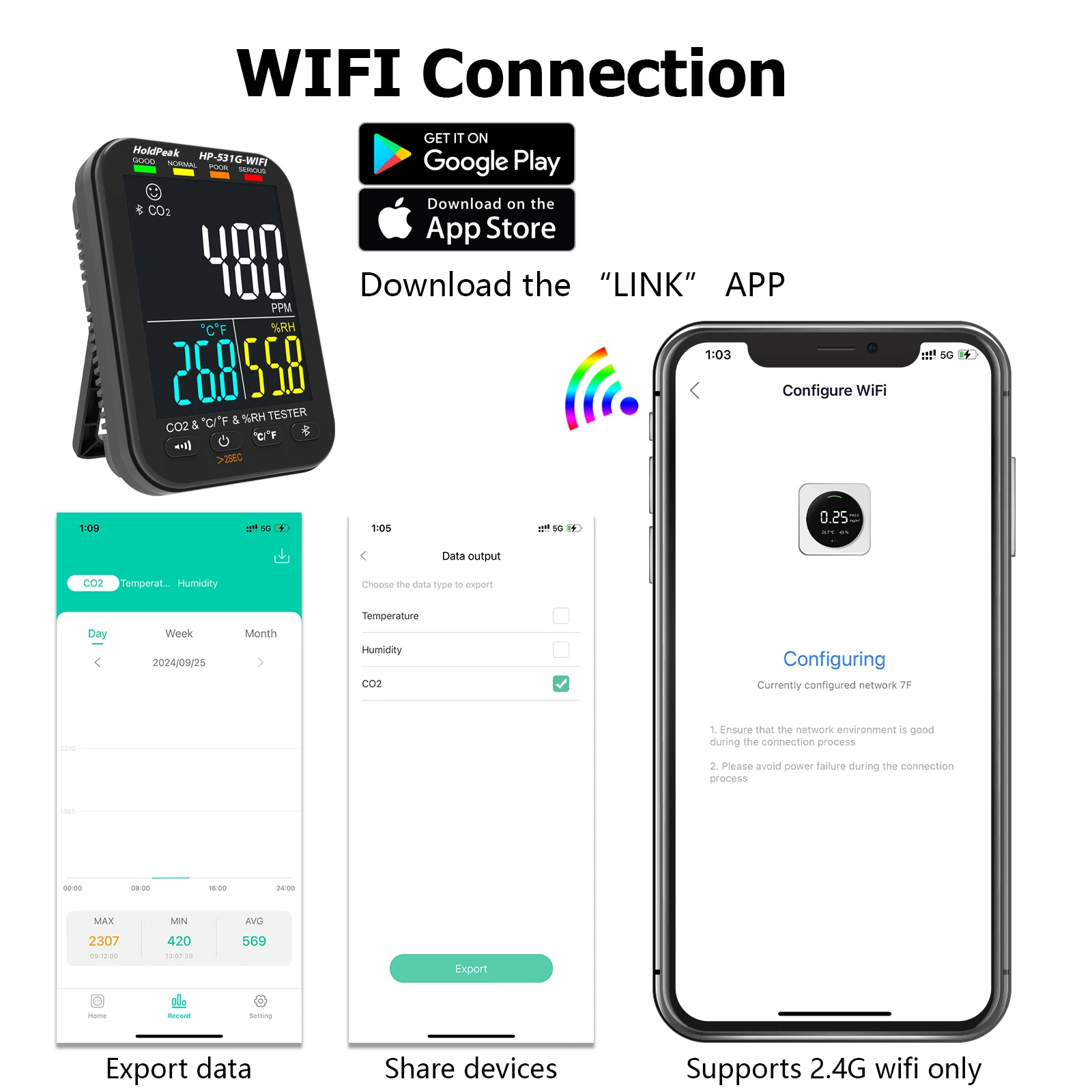 Air Quality Carbon Dioxide Detector Bluetooth & WiFi Connection With Cell Phone Equipped With Infrared NDIR Sensor HP-531G-WIFI