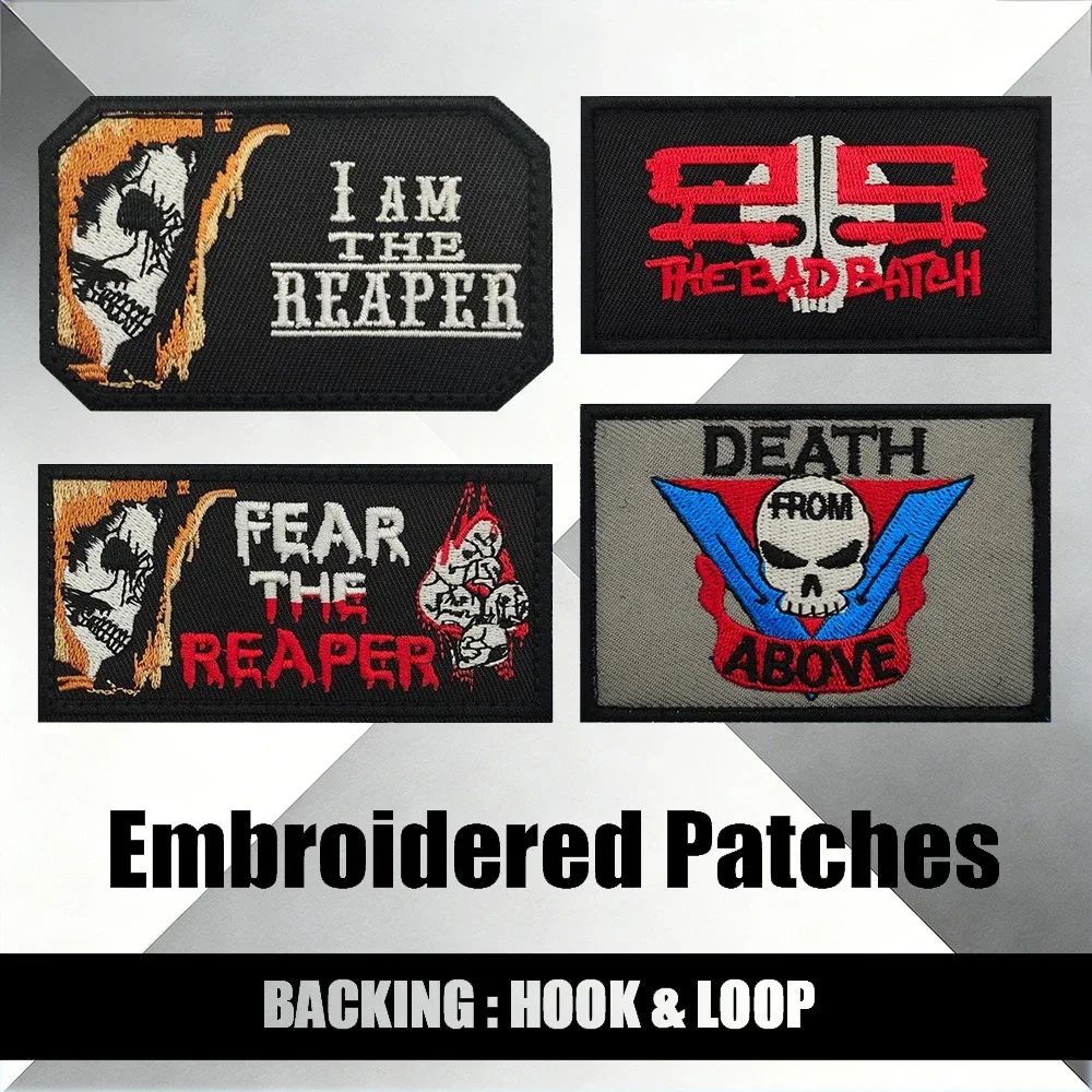 

Вышитая нашивка с изображением черепа «Я — Жнец» и «Бойся Жнеца» с креплением на липучке для удобного прикрепления.
