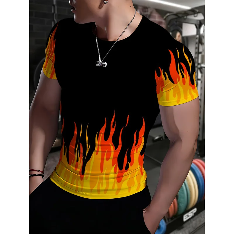 Men's Crew Neck FitnessTT-shirt with a black background and an orange-yellow flame gradient print Strength training at the gym