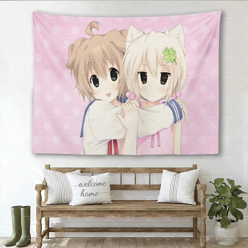 Kawaii Wandteppich mit Katzen- und Hundeohren für Mädchen, rosa gepunkteter Anime-Wandbehang für Schlafzimmer- und Wohnheimdekoration – Detail 2