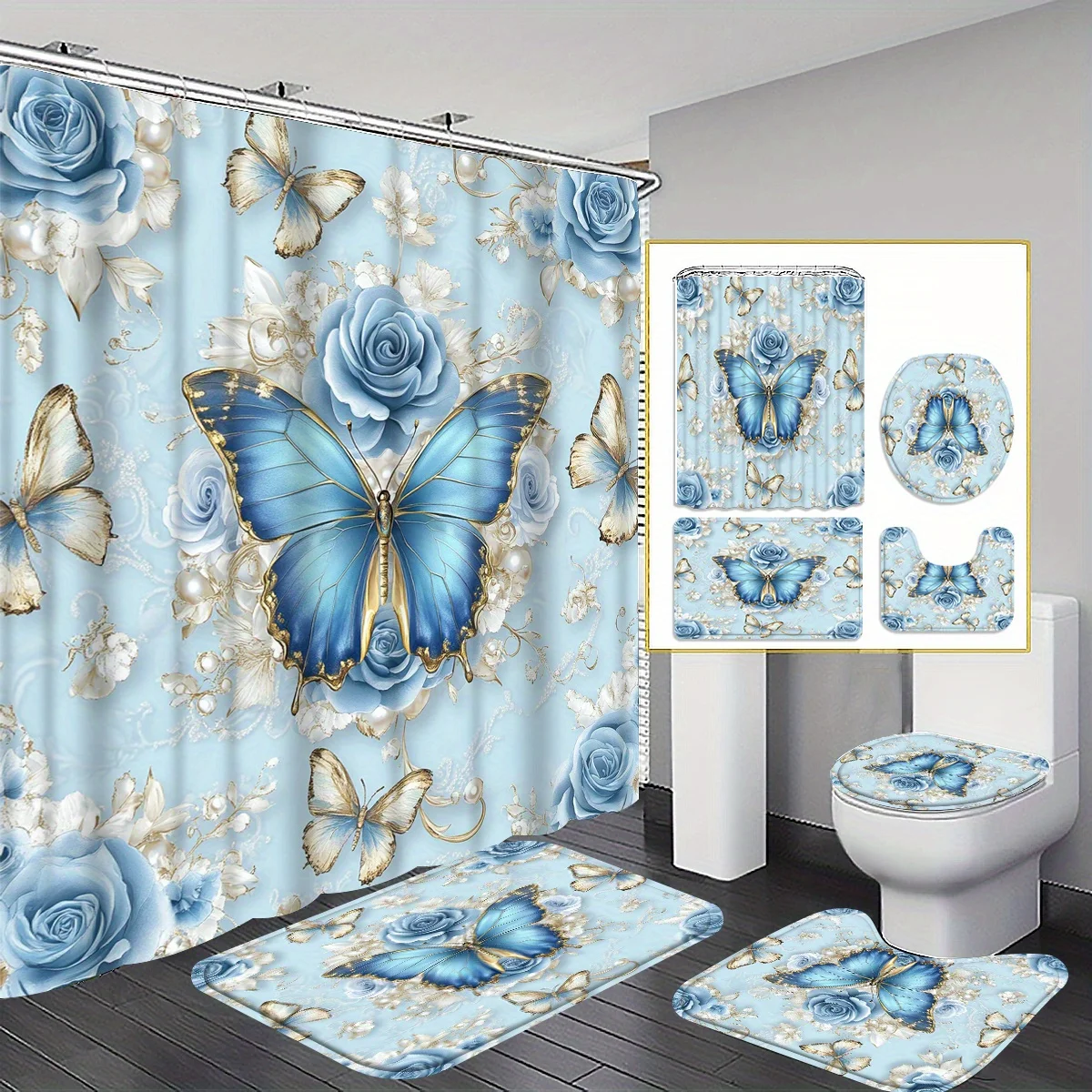 

4pcs Romantic Blue Rose Butterfly Pattern Shower Curtain Set Bathroom Curtain, Bathroom Decor Shower Curtain, Bathroom Parti