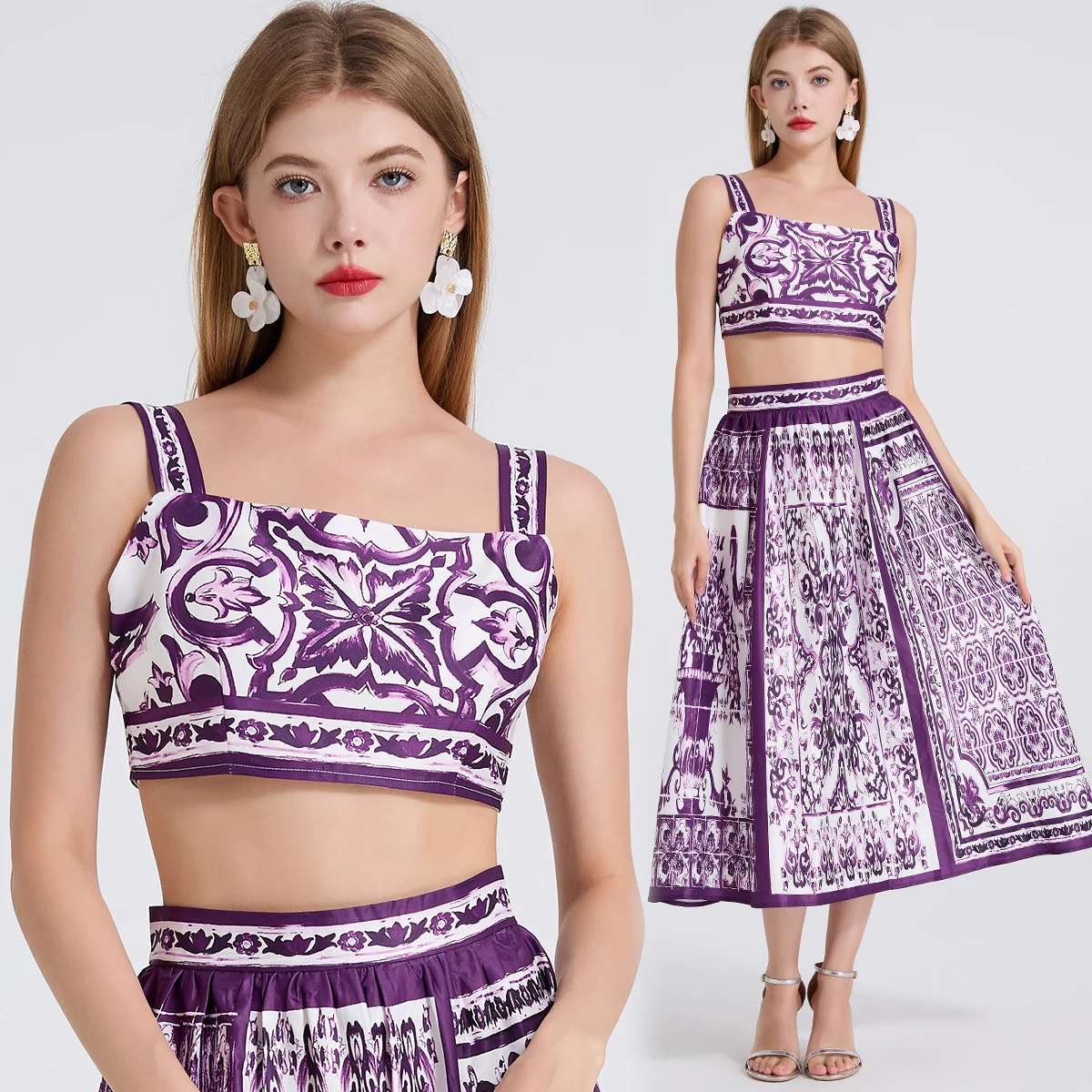 

Фиолетово-синий комплект из топа и юбки с фарфоровым принтом, с высокой талией, полудлинный, модный женский наряд