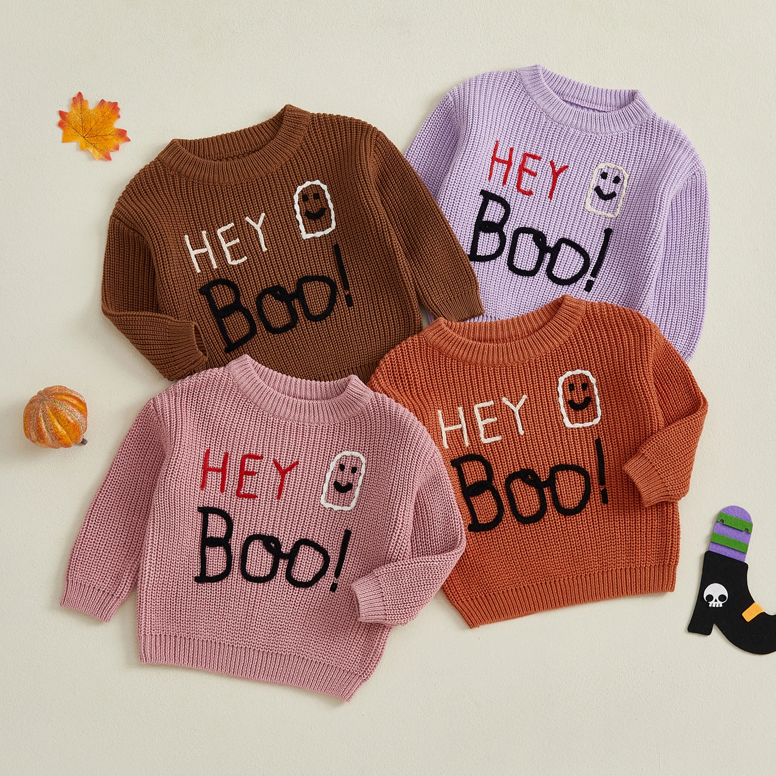 

Toddler Baby Girls Halloween Knit Sweater Long Sleeve O Neck Letter Ghost Embroidery Pullover Knitwear