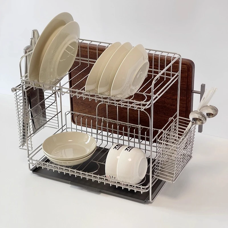 

Сушилка для посуды из нержавеющей стали 304, 2-уровневая большая емкость, тарелки для кухонной мойки, органайзер для чаш, нержавеющая столешница, сливная стойка