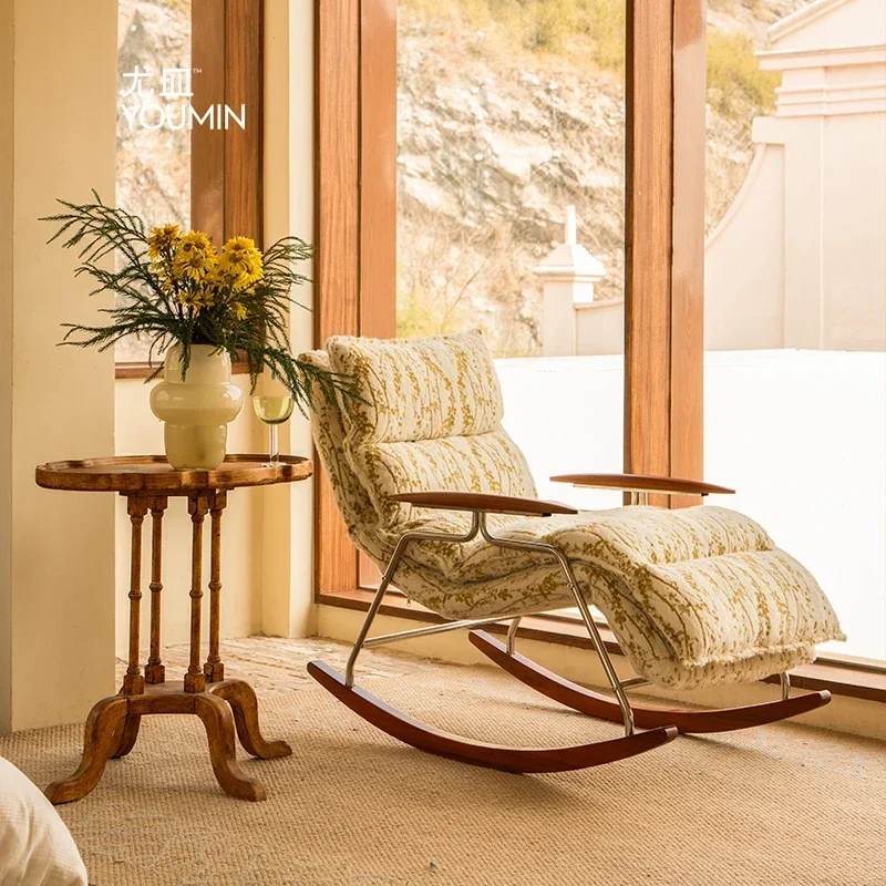 

Y13 Medieval design balcony solid wood rocking chair living room leisure chair single sofa movable recliner home