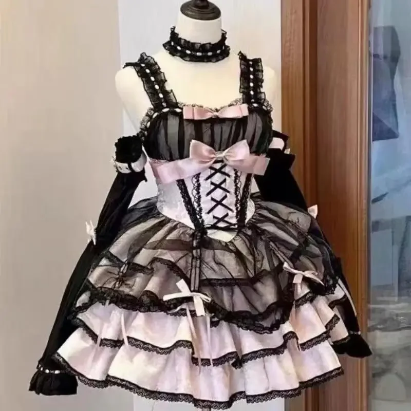 Gaun Jsk Lolita manis Jepang gaun tali putri ikatan simpul renda elegan Vintage wanita Kawaii baju Harajuku Y2k Hot Sellin