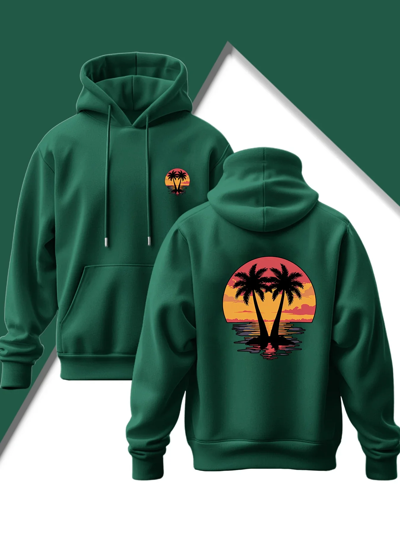 Men's Vintage Sunset Palm Tree Double Sided Print Hoodie, California Beach Streetwear, Unisex Oversized Autumn Pullover