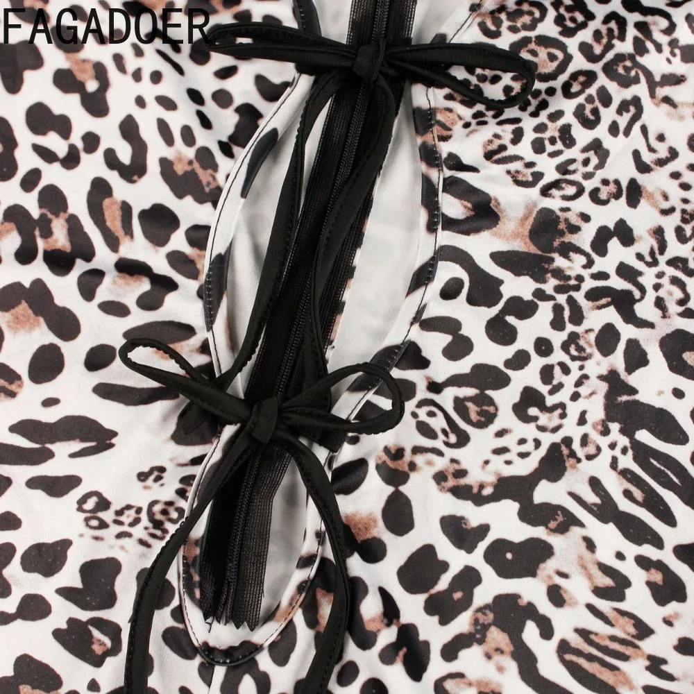 FAGADOER Sexy Leopard Print Bodycon Jumpsuits Women Hollow Out Long Sleeves Bandage Patchwork Romper Female Streetwear Overalls