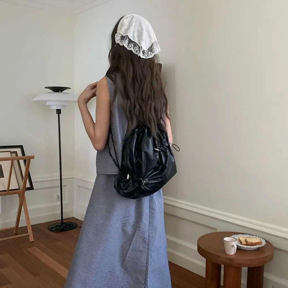 Cute Korean Style Drawstring Backpack Commute Large Capacity Nylon Ruched Backpack Solid Color Fold Silver Shoulder Bag Women