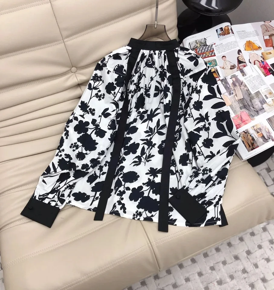 100% cotton 2024 spring women contrast color white black printed blouses long lantern sleeve loose blouses