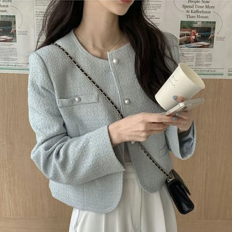 Korean Style Coarse Weave Short Styles Long Sleeves Spliced Pockets Pearls Button Up Outerwear for Women Commute Fit Autumn Top