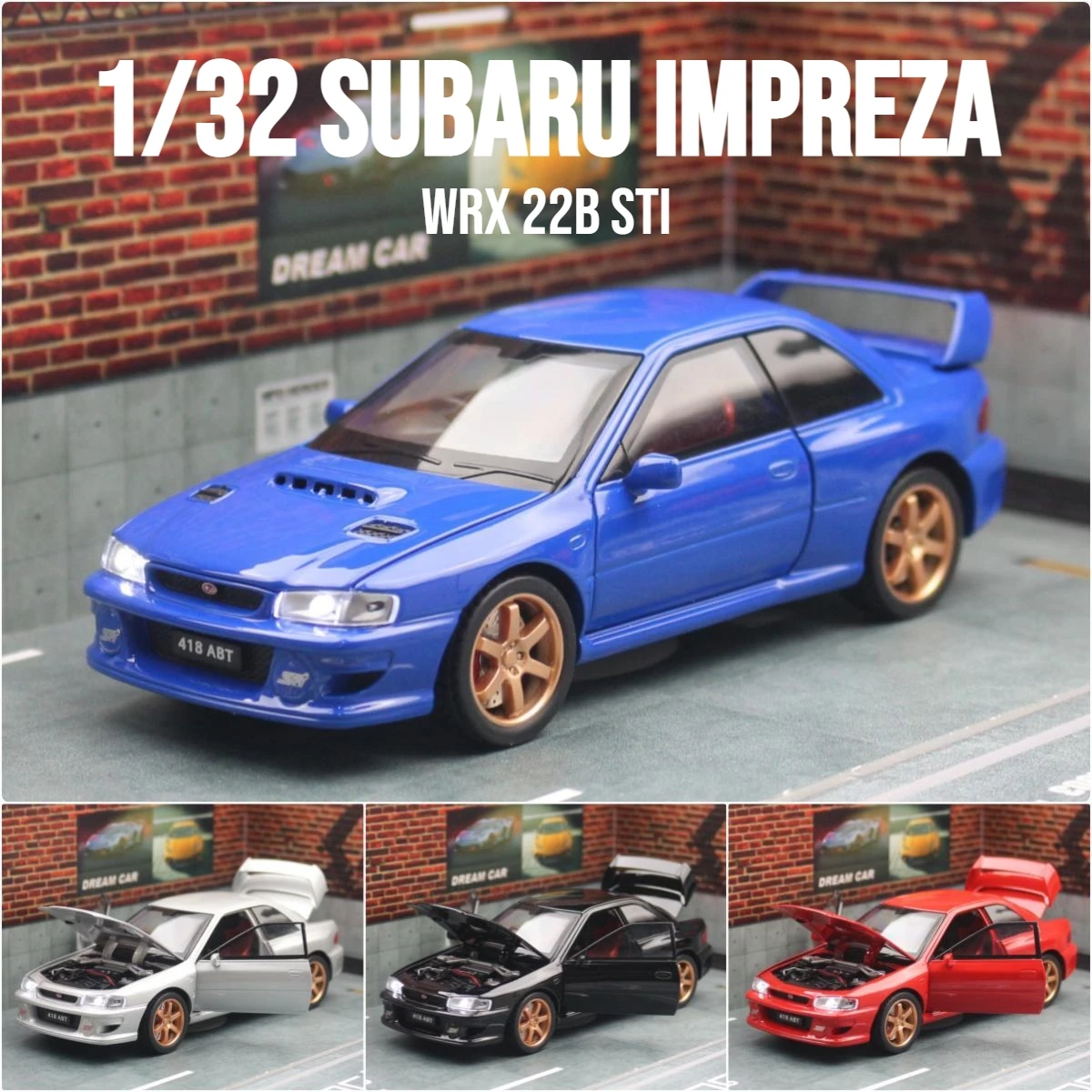 1/32 Subaru Impreza WRX 22B STI JDM Toy Car Model Diecast Metal Vehicle Miniature Sound & Light Pull Back Collection Gift Kid