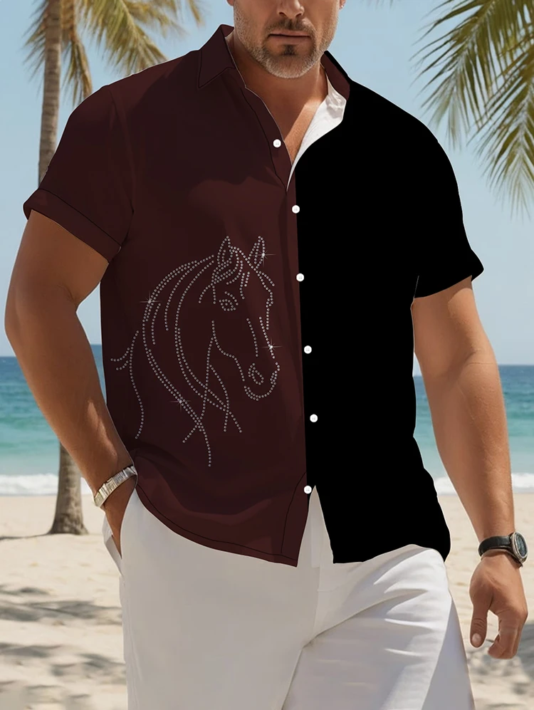 

Hot selling Hawaiian loose casual style men's short-sleeved shirt fashionable loose stitching pattern 3D digital printing shirt