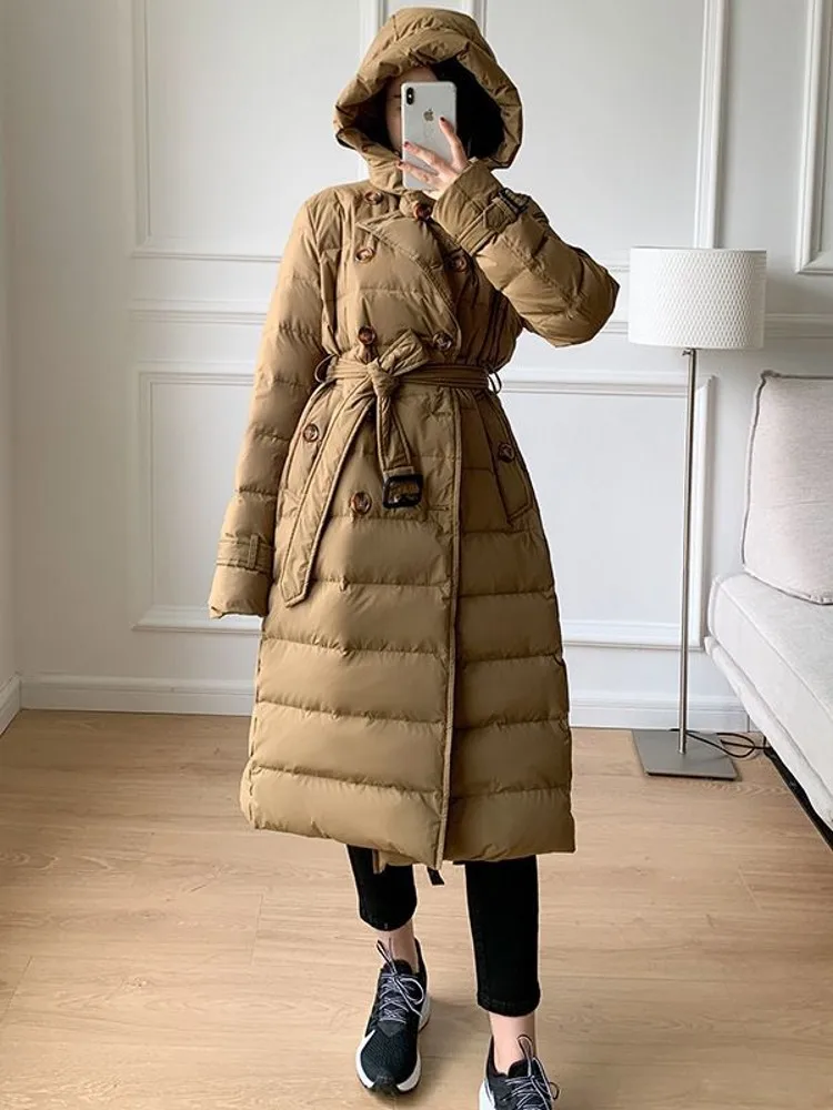 Women Winter Windbreaker Long Down Jacket Double Breasted Belted Hooded Overcoat Vintage Office Ladies Thick Warm 90% Down Coats