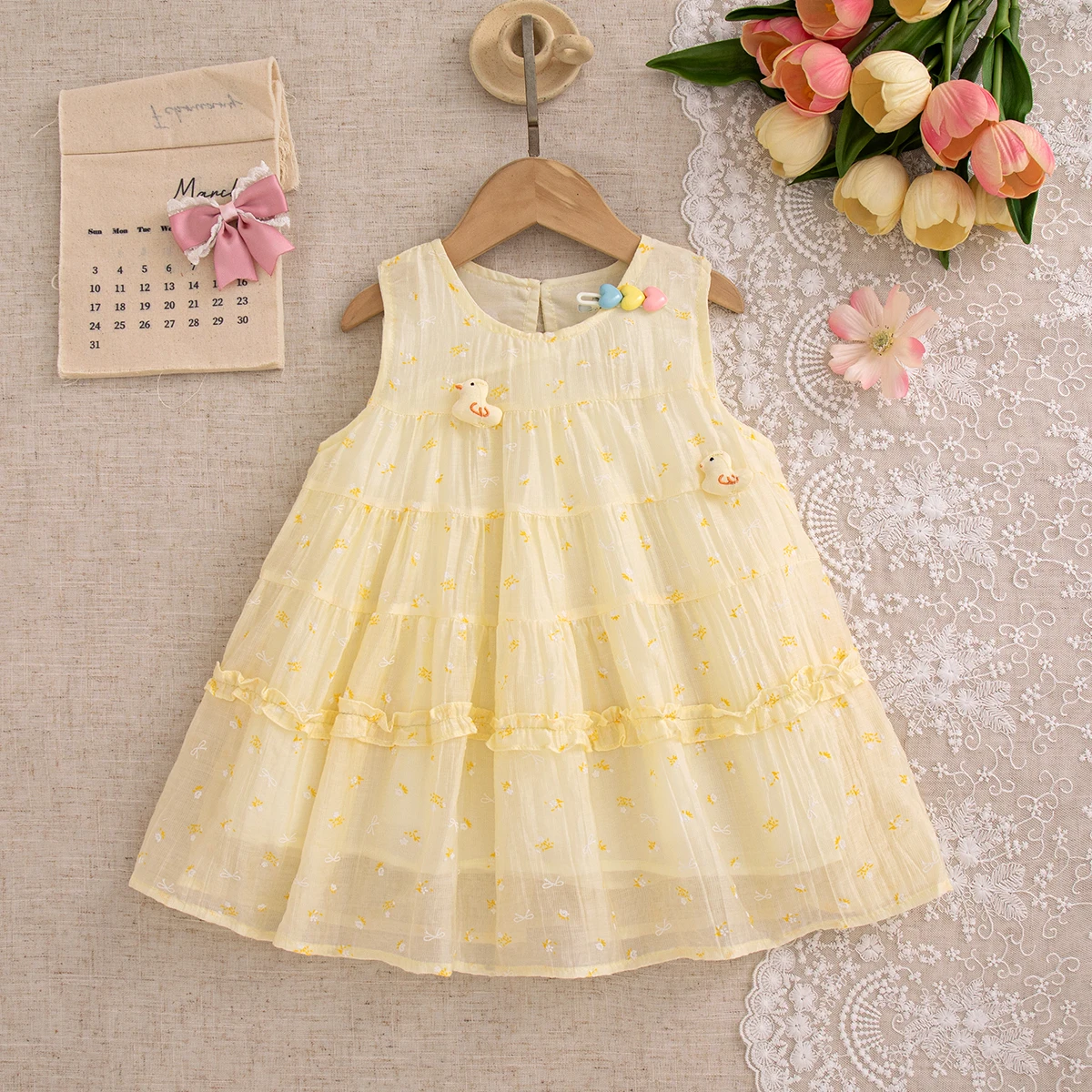 Summer Baby Girl Clothes Send Hairpin Trend Sweet Floral Thin Toddler Dress Korean Style Breathable Cartoon Cute Baby Girl Dress 3