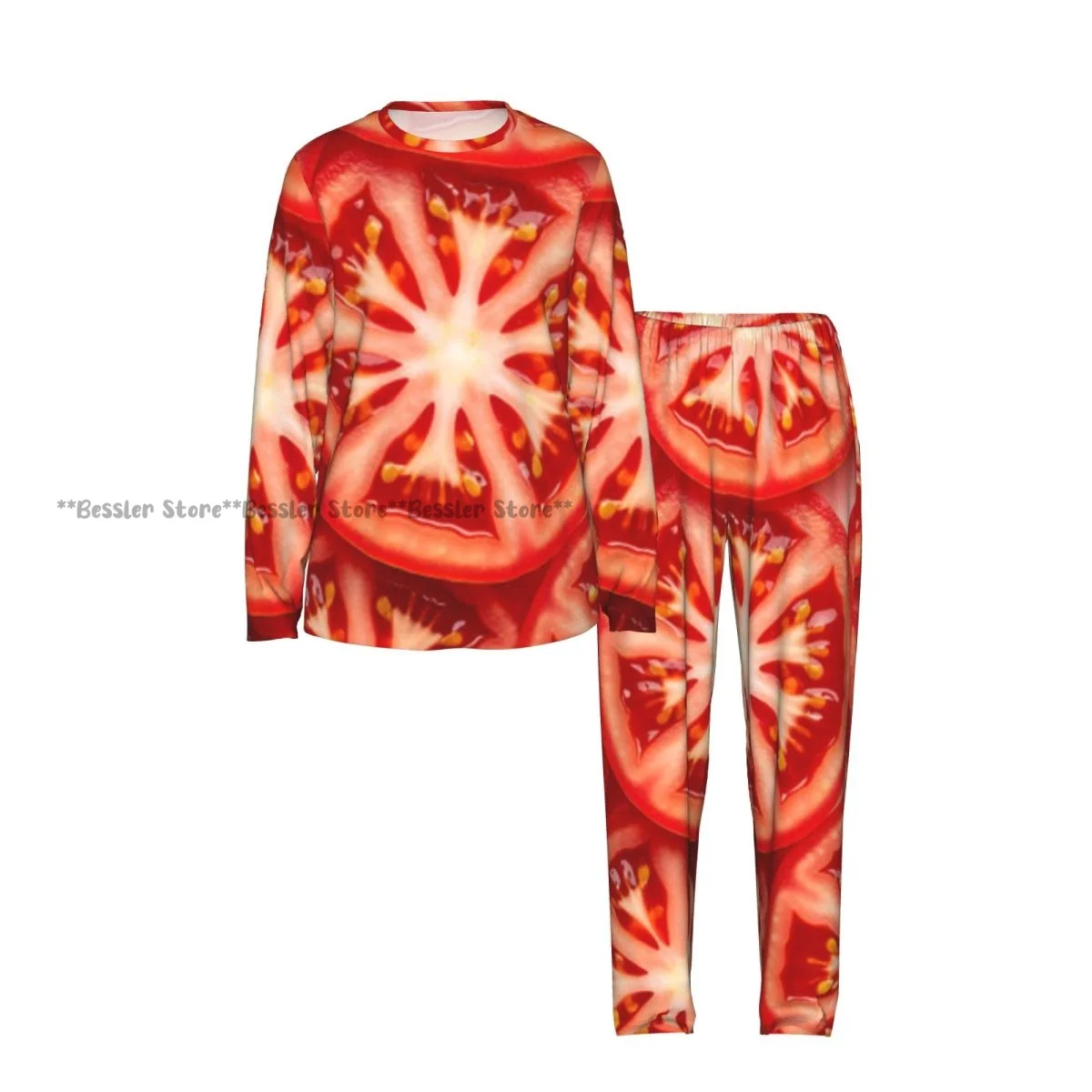 2 Piece Women Round Neck Pajamas Set Long Sleeve Long Pants Tomato Slices Pattern Homewear Casual Daily Sleepwear
