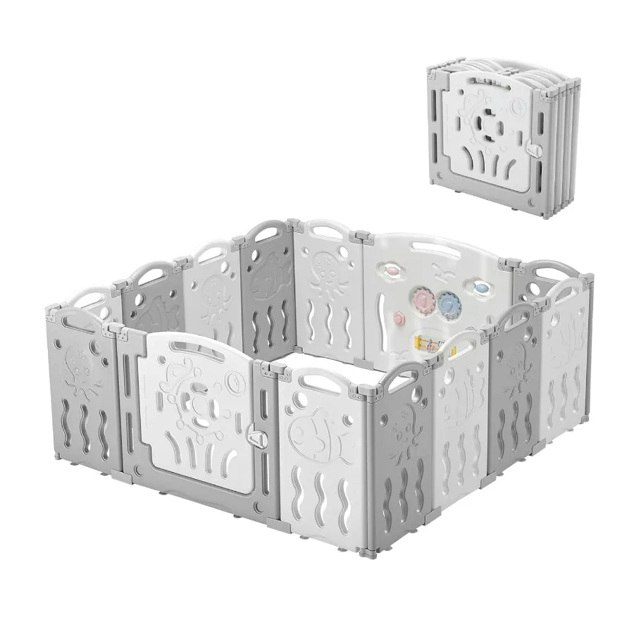 Box per bambini pieghevole a 14 pannelli aggiornato con pannello di gioco interattivo e cancello di sicurezza per bambini Design di forma regolabile per interni