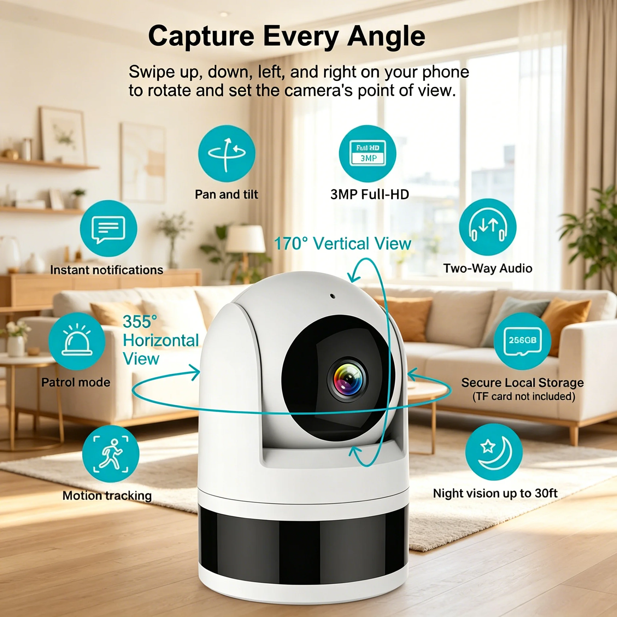 

Tugard Wireless indoor monitor cam, 2K 3MP 360° panoramic rotation, 2.4G WiFi connection, auto tracking with AI human sensing