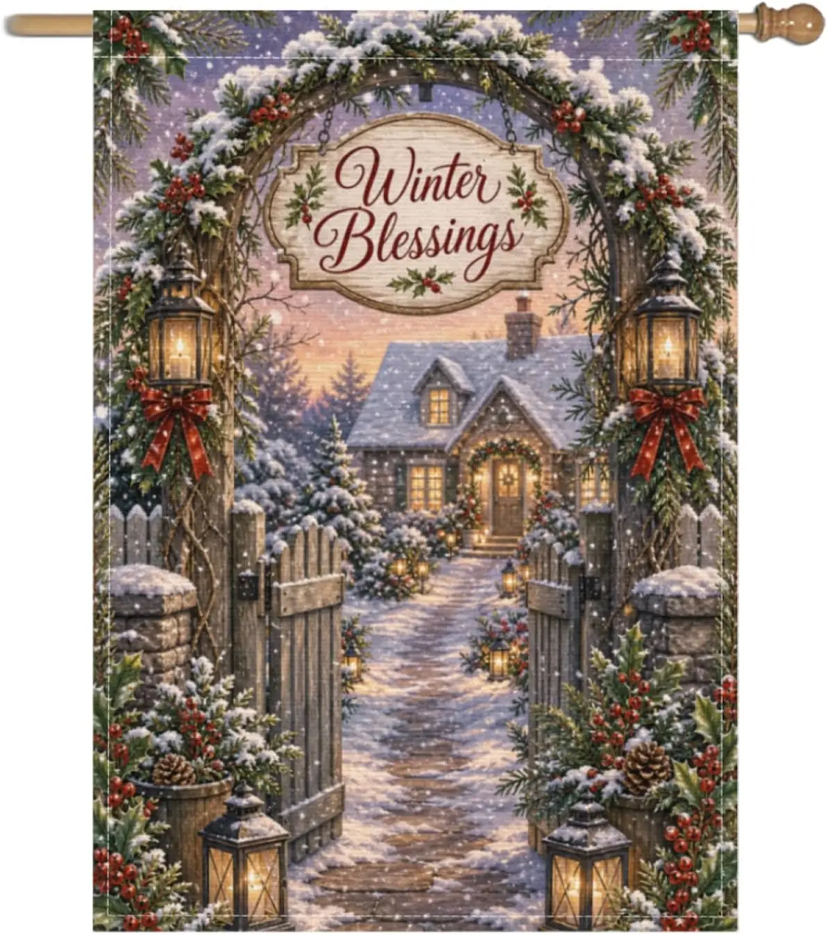 Winter Blessings Garden Flag 28x40 Inch Snow Covered Archway Lanterns Cottage Path Holly Berries Rustic Farmhouse Outdoor Ya yyi