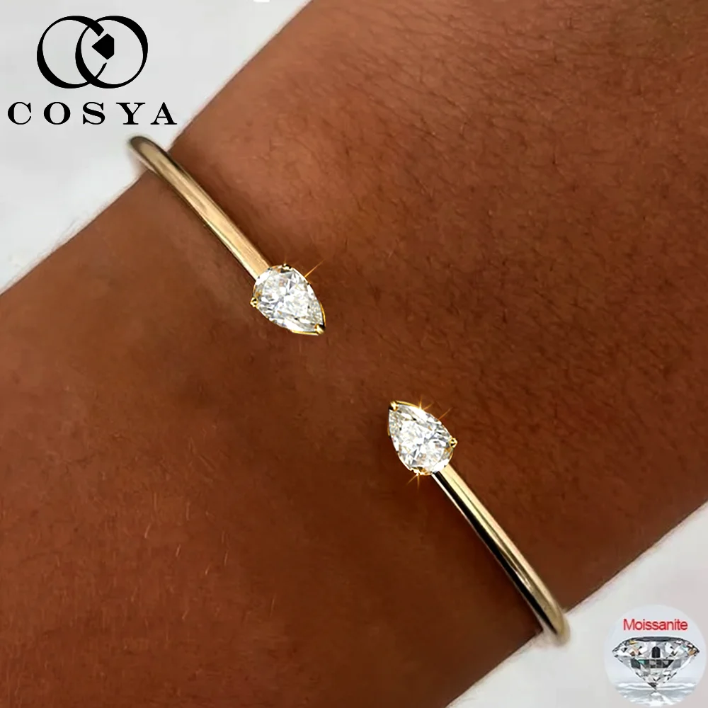 COSYA 2CT Birnenförmiger Moissanit Offener Armreif für Damen S925 Silber 18K Vergoldet Wassertropfen 2 Steine Verstellbarer Edler Schmuck – Detail 4