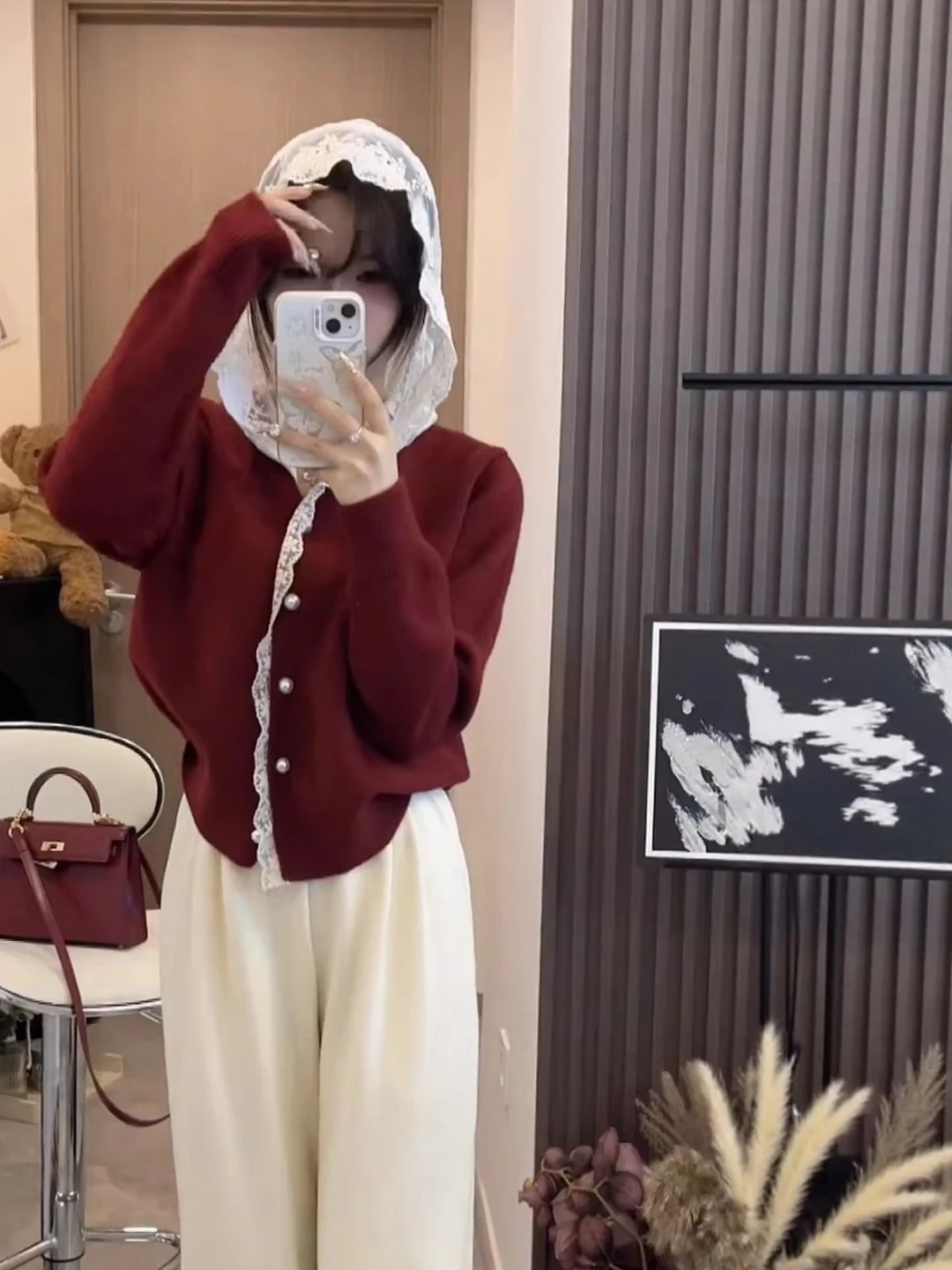 

Red Lace Trim Hooded Knit Sweater Coat Women's Autumn Winter Pearl Button Soft Cozy Open Cardigan Loose Lazy Sle Top