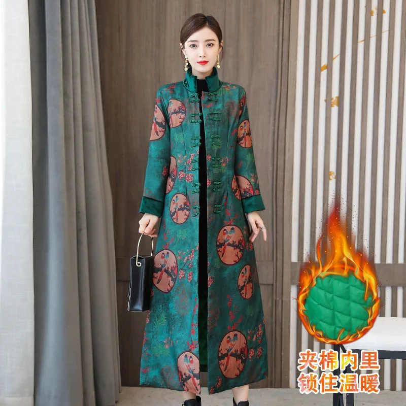 Autumn Women Fashion Printed Windbreaker Coat Lady High-end Improved cheongsam Outwear Winter Female Large Size 4XL Lined Jacket