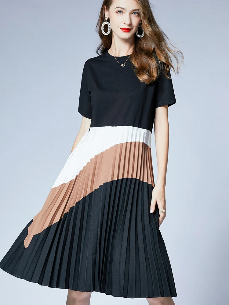 High-End plus Size Women's Summer New Loose Slimming Tummy Covering Faionable Plaid Pleated Dr Street Sle round Ne M...