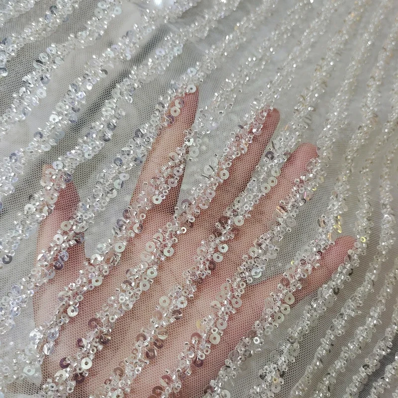 High Quality New Bridal Lace Fabric Stripes, Luxury Beaded Sequin Wedding Dress, Advanced Custom-Made Sewing Fabric Accessories