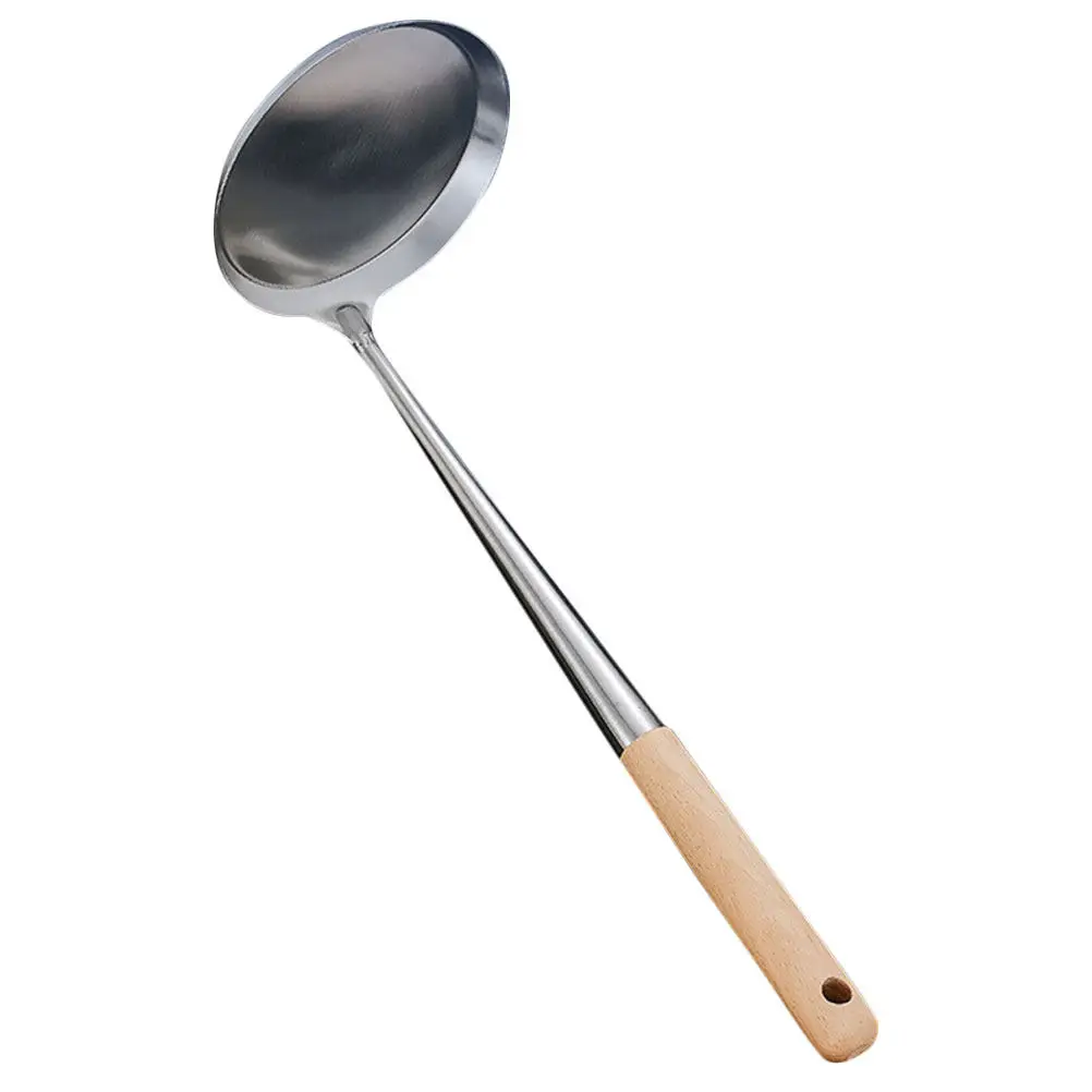 Household Stainless Steel Frying Spoon Wood Handle Non-Stick Kitchen Long Handle Spoon Frying Snack Tool for Home Restaurant
