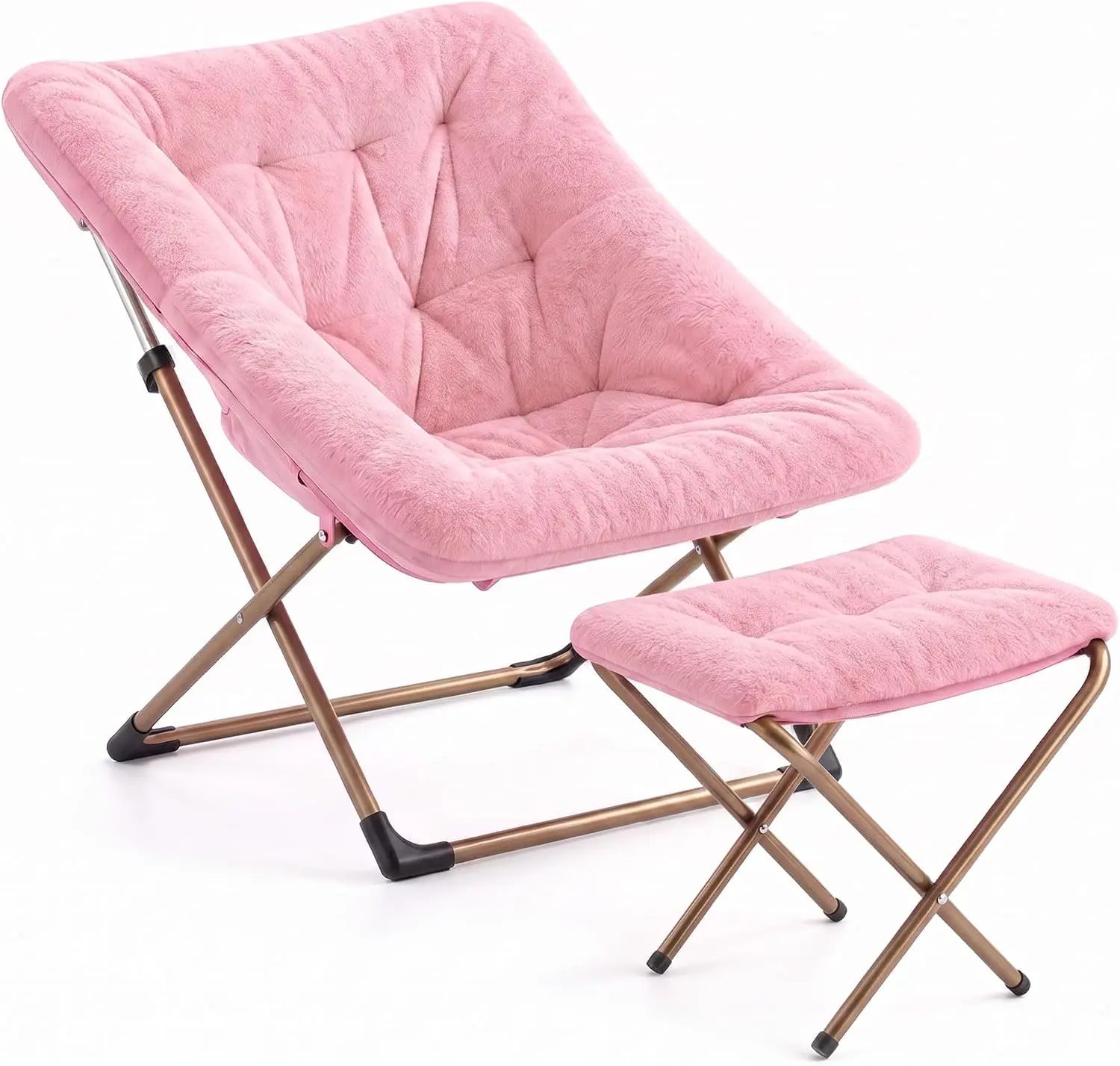 Roomy Faux Fur Saucer Lounge Chair With Ottoman Oversized Metal Base Pink