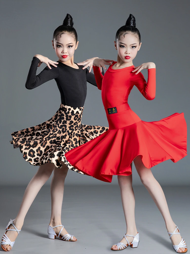 Girls 'Latin Dance Dress, Ballroom Costume, Salsa, Preto, Vermelho, Kids Tango Dresses, Dancing Stage Performance Clothing