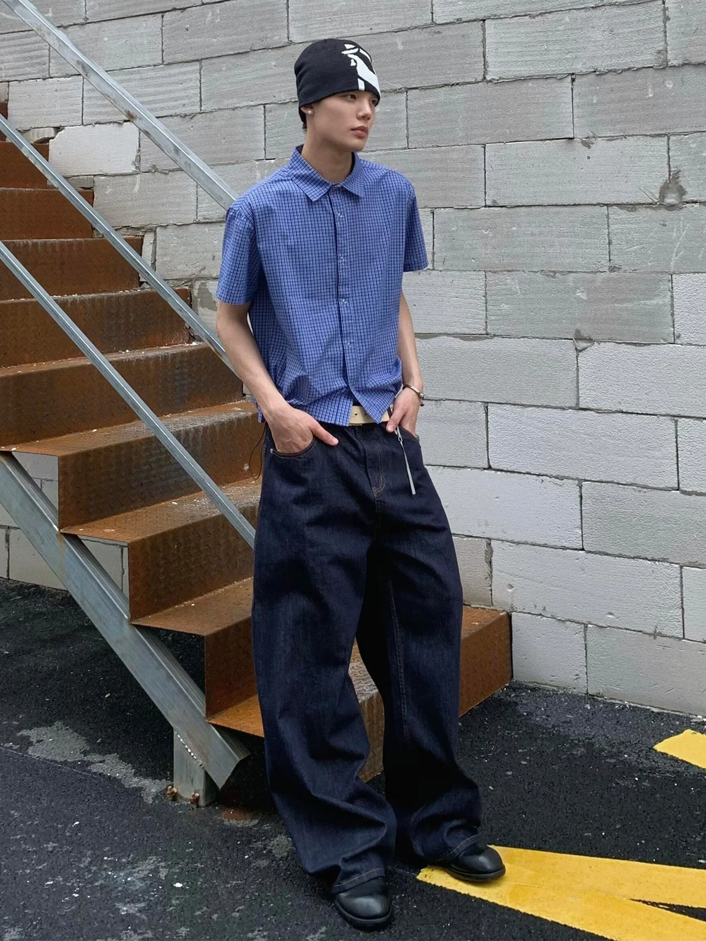 American Retro Blue Plaid Short Sleeve Shirt Miu Series Summer Versatile Drawstring Design High-End Feeling Plaid Shirt