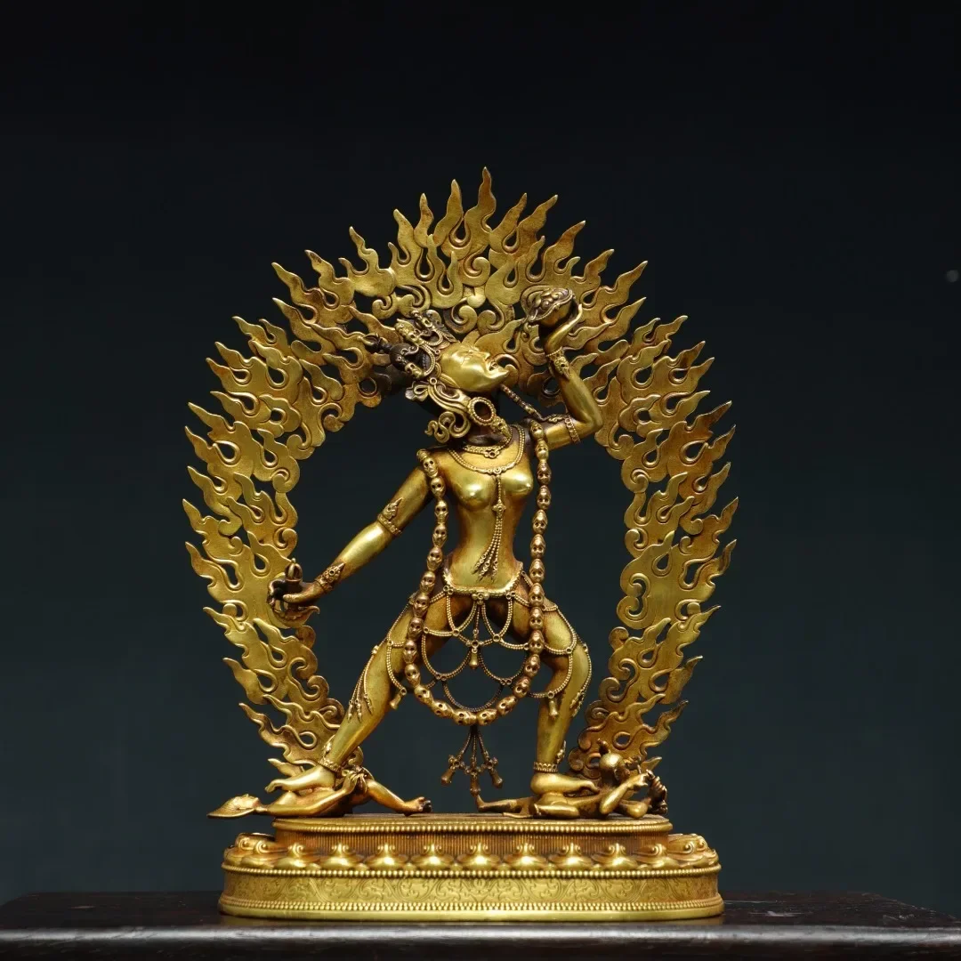 

11"Tibetan Temple Collection Old Purple Bronze Gilded Real High Relief Naro Khechari Standing Buddha Backlight Worship Hall