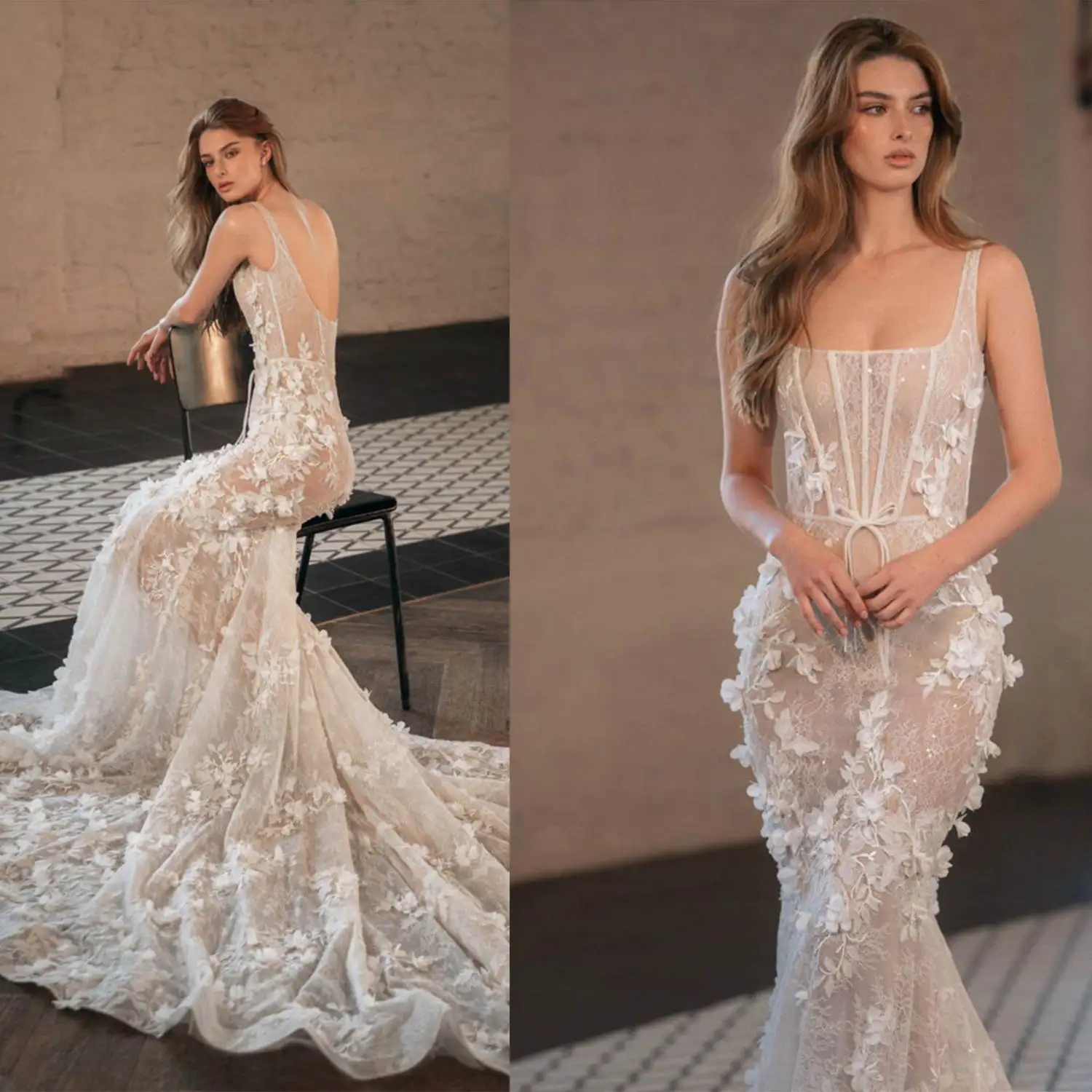 Vestidos De novia De sirena con apliques sexys, Vestido De novia sin mangas con cuello cuadrado y espalda descubierta, Vestido De novia personalizado