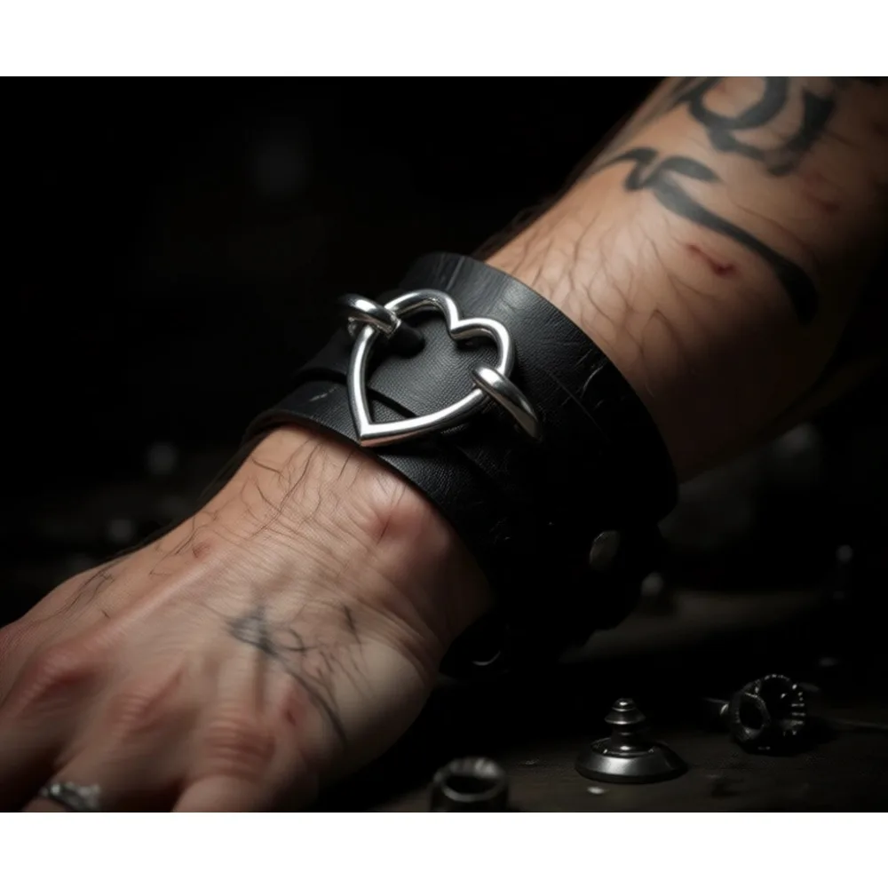 

Набор из 3 предметов: кожаный чокер, ожерелье с сердечком, широкие браслеты на запястье. Комбо-набор в стиле панк-готика, косплей-украшения, подарок для женщин.