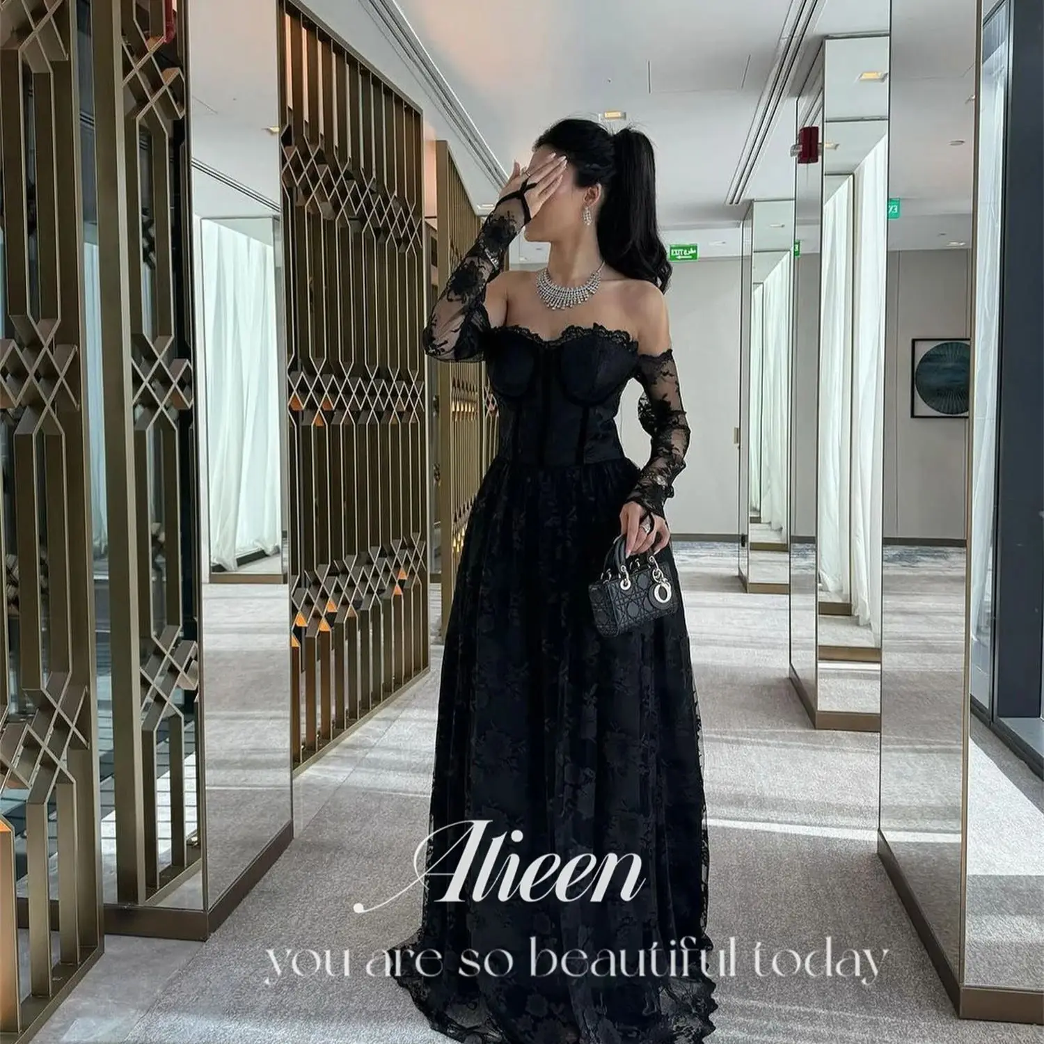 

Aileen Sweetheart Long Sleeves Lace Black Wedding Dress Elegant Evening Dresses for Women Luxury Party Woman Prom Customized