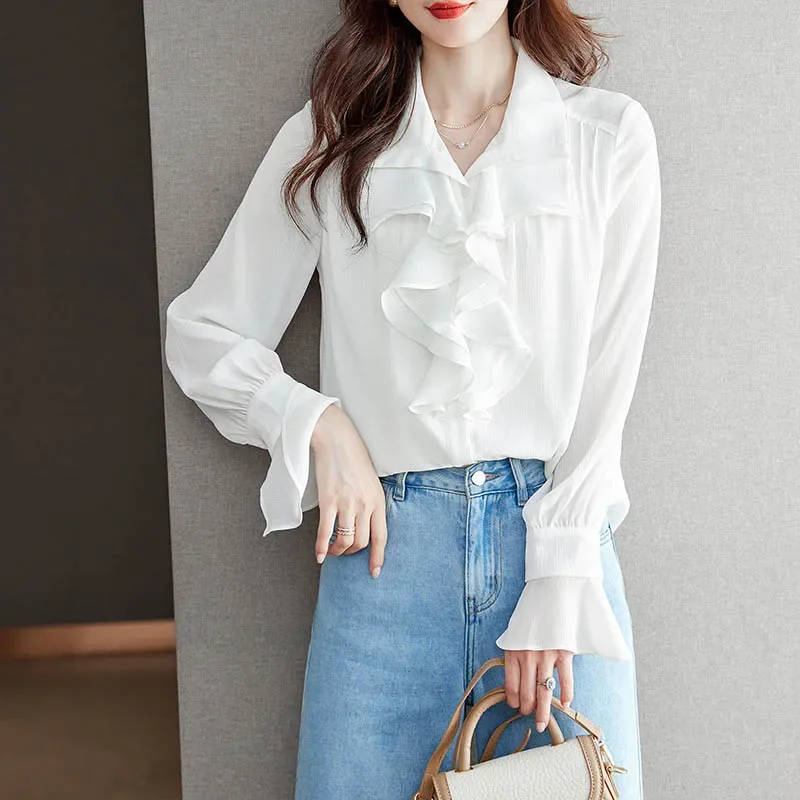 

Women's White Ruffled Shirts New Elegant Chic Blouses Fashion Loose Casual Tops Commute Button Turn-down Collar Cardigan A554